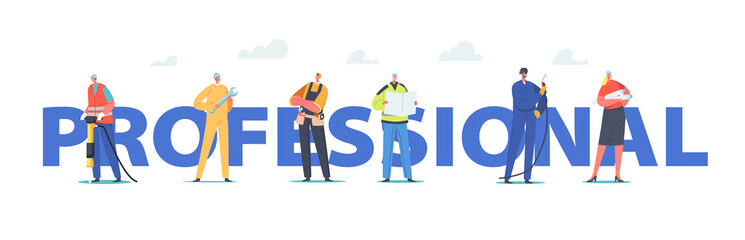 Poster - Professional Industrial Workers Team Concept. Characters Builder, Engineer or Foreman with Tools and Architect