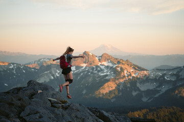 Woman Hiker Trail Running Jumping Ridge Mt Baker Mt Rainer