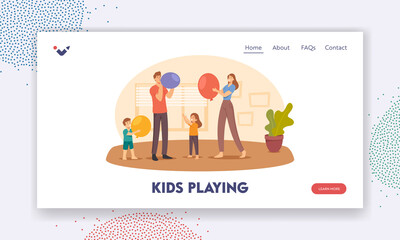 Wall Mural - Kids Playing Landing Page Template. Happy Family Characters Parents and Little Children Blow Balloon for Room Decoration