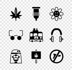 Canvas Print - Set Marijuana, Condom, Flower, Hippie girl, No war, Glasses and camper van icon. Vector