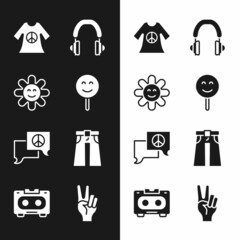 Sticker - Set Smile face, Flower, Peace dress print stamp, Headphones, Speech bubble chat, Jeans wide, symbol and Retro audio cassette tape icon. Vector