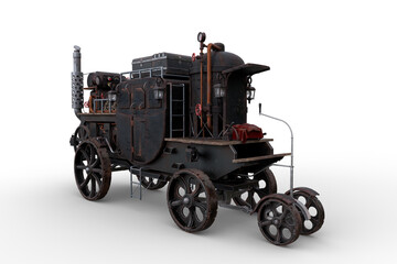 Poster - 3D rendering of a Steampunk style steam powered carriage with luggage on top isolated on a white background.