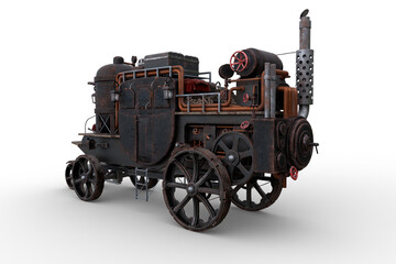Poster - Rear perspective 3D rendering of a Steampunk style steam powered carriage with luggage on top isolated on a white background.