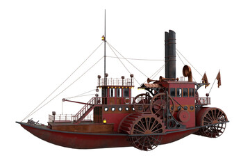 Poster - 3D rendering of a Steampunk styled paddle steamer boat isolated on a white background.