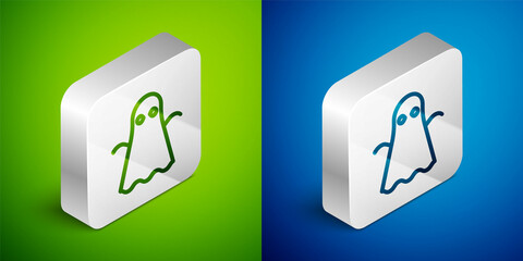 Sticker - Isometric line Ghost icon isolated on green and blue background. Happy Halloween party. Silver square button. Vector