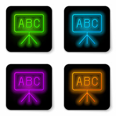 Poster - Glowing neon line Chalkboard icon isolated on white background. School Blackboard sign. Black square button. Vector