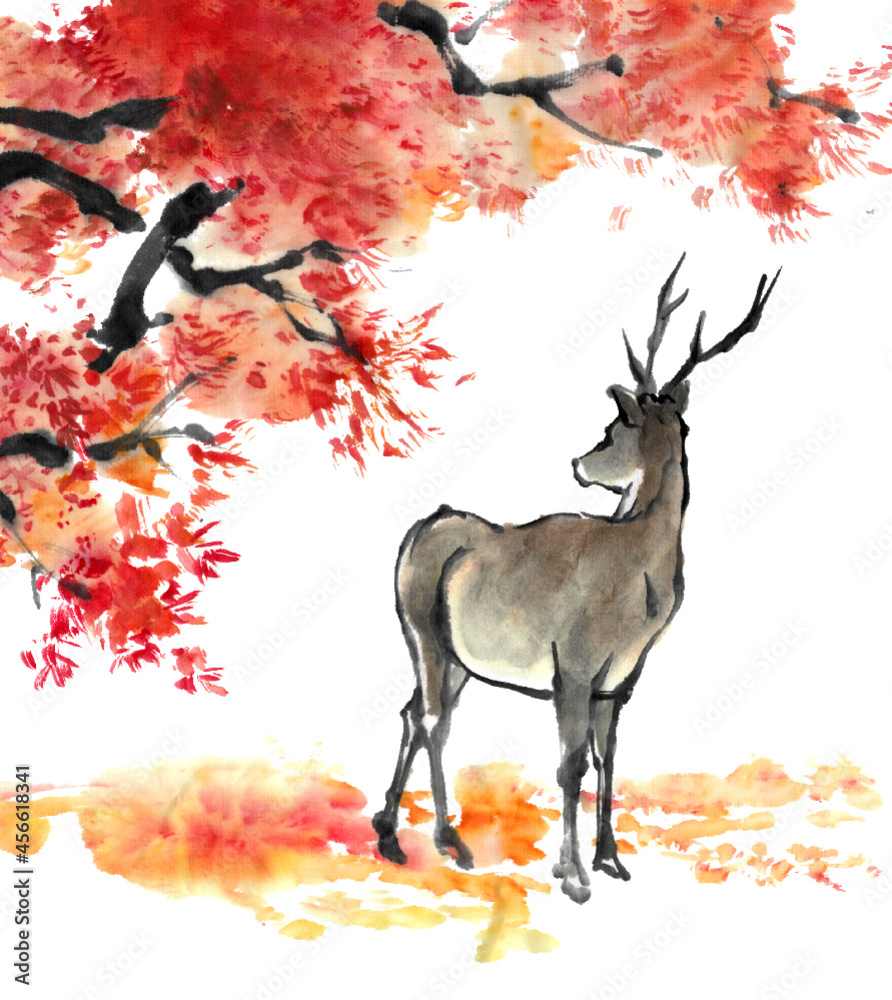 水墨画技法で描かれた紅葉と後ろ向きの鹿 の Stock ベクター 水墨画技法で描かれた紅葉と後ろ向きの鹿 の Stock ベクター