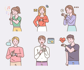 Poster - People wearing smart watches and using different apps. flat design style vector illustration.