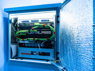 Poster - switching system. structured switching system. metal box with equipment control panel. switching sta