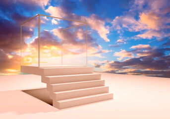 Poster - Podium stand. 3d stand on sky background. Podium stand for product demonstration. Pedestal to demonstrate something. Empty cube pedestal. Pedestal for advertising presentation. Marketing podium