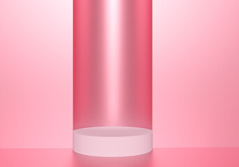 Poster - Podium stand pink. Minamalistic podium stand. Empty pedestal for your product. Three-dimensional podium. Pedestal to showcase something. Straight stand for marketing presentation. 3d rendering.