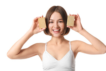 Wall Mural - Beautiful young woman with soap on white background