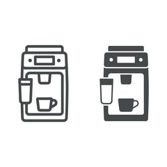 Poster - Coffee machine, cup and milk frother line and solid icon, electronics concept, espresso machine vector sign on white background, outline style icon for mobile concept and web design. Vector graphics.