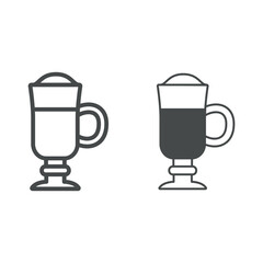 Poster - Cappuccino with foam in tall glass cup line and solid icon, catering business concept, coffee vector sign on white background, outline style icon for mobile concept and web design. Vector graphics.