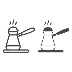Poster - Turk with boiling coffee and smoke line and solid icon, beverages concept, turkish coffee pot vector sign on white background, outline style icon for mobile concept and web design. Vector graphics.