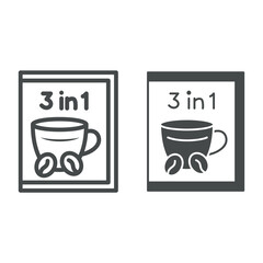 Poster - Coffee 3 in 1 with cup and beans line and solid icon, beverages concept, instant coffee bag vector sign on white background, outline style icon for mobile concept and web design. Vector graphics.