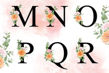 Watercolor Floral Alphabet Set Of M, N, O, P, Q, R With Hand Drawn Flowers And Leaves