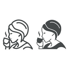 Poster - Woman drinks hot coffee, cup and smoke line and solid icon, catering business concept, espresso vector sign on white background, outline style icon for mobile concept and web design. Vector graphics.