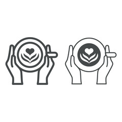 Poster - Cup of coffee with heart drawing in hands line and solid icon, catering business concept, latte vector sign on white background, outline style icon for mobile concept and web design. Vector graphics.