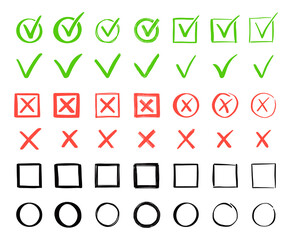 Aufkleber - Green check and red cross mark set. Hand drawn doodle sketch style. Vote, yes, no drawn concept. Checkbox, cross mark with square, circle element. Vector illustration.