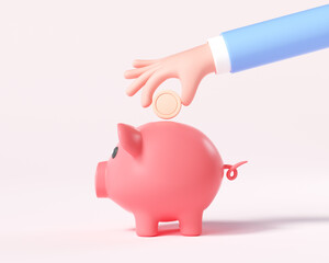 Cartoon Hand putting coin to piggy bank. 3d render illustration