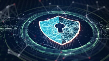 Cyber security concept. Shield With Keyhole icon on digital data background. Illustrates cyber data security or information privacy idea. Blue abstract hi speed internet technology. 3D Rendering.