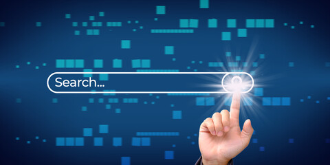 Poster - Searching on Internet with person using a browser software on virtual computer to open search engine with text bar and magnifying glass icon. Access information online
