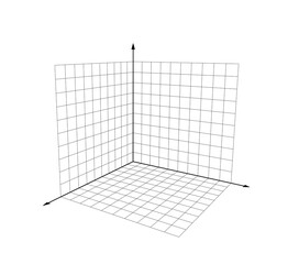 3d coordinate axis xyz, 10x10 blank grid isolated on white background, black lines illustration