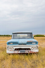 Abandoned Vintage Blue And White Pick Up Truck On The Saskatchewan Prairies