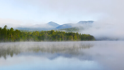 Poster - landscape of morning lake in the fog