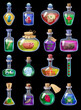 Set of bottles magic potion. Game icons liquid elixir colorful with scull, heart, bone, blood, frog, flower, mushroom, stone. Vector game asset app UI