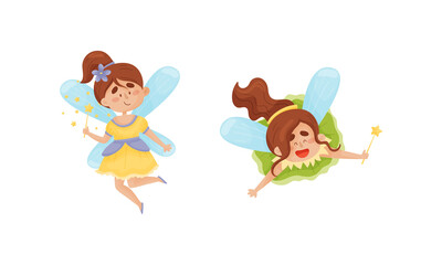 Poster - Cute Fairy or Pixie with Etherial Wings and Magic Wand Vector Set