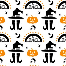Halloween Seamless Pattern With Pumpkin, Rainbow, Hat, Legs, Moon, Star Isolated On White Background. Vector Flat Illustration. Design For Halloween Backdrop, Textile, Wrapping, Wallpaper