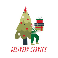 A boy standing by the Christmas tree and holding a lot of gifts in his hands. Delivery service. Vector flat illustration