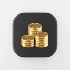 Poster - Gold folded coins icon in cartoon style. 3d rendering black square button key, interface ui ux element.