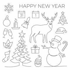 Wall Mural - New Year set in line style on white background
