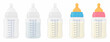 Baby bottle set. Vector flat illustration of filled and empty newborn baby plastic milk bottles with silicone and latex nipples isolated on white background.
