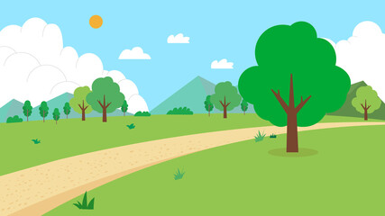 Wall Mural - Nature landscape with road vector illustration.Field with mountain, trees, sun, sky, and clouds.Green park with natural scene.Cartoon rural landscape summer.