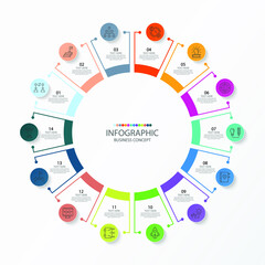 Basic circle infographic template with 14 steps, process or options, process chart, Used for process diagram, presentations, workflow layout, flow chart, infograph. Vector eps10 illustration.