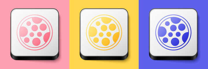 Sticker - Isometric Pizza icon isolated on pink, yellow and blue background. Fast food menu. Square button. Vector