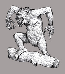 Sticker - Werewolf attack drawing. Fantasy monster illustration. Halloween template.