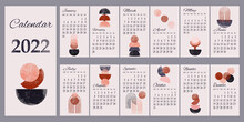 Calendar For 2022. Various Shapes In Abstract Style, Modern, Fashionable, Grunge Texture.