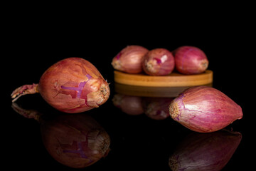 Group of five whole shallot on bamboo coaster on black glass