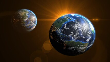 Wall Mural - orange sunrise on the two earth rotate in space with star in universe. world realistic atmosphere 3d