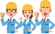 建設現場で働く青い作業着の男女3人のチームの上半身
