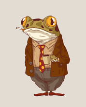 Morning Coffee, Vector Illustration. Elegant Anthropomorphic Frog, Standing Still, Smoking A Cigarette And Holding A Mug Of Tea Or Coffee. Humanized Frog. An Animal Character With A Human Body