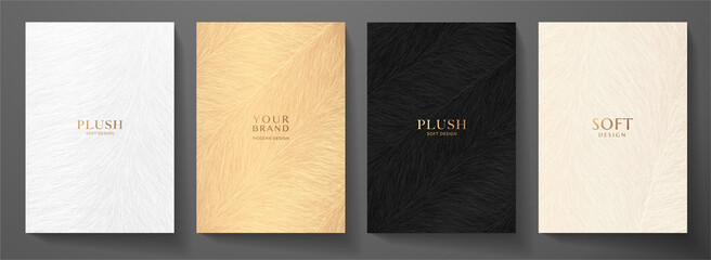 Abstract plush (fur) cover design set. Creative fashionable background with gold, black line pattern. Trendy vector collection for catalog, brochure template, magazine layout, beauty booklet
