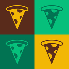 Sticker - Pop art Slice of pizza icon isolated on color background. Fast food menu. Vector