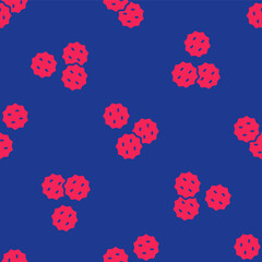 Poster - Red Cookie or biscuit with chocolate icon isolated seamless pattern on blue background. Vector