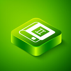 Poster - Isometric Book icon isolated on green background. Second volume. Green square button. Vector